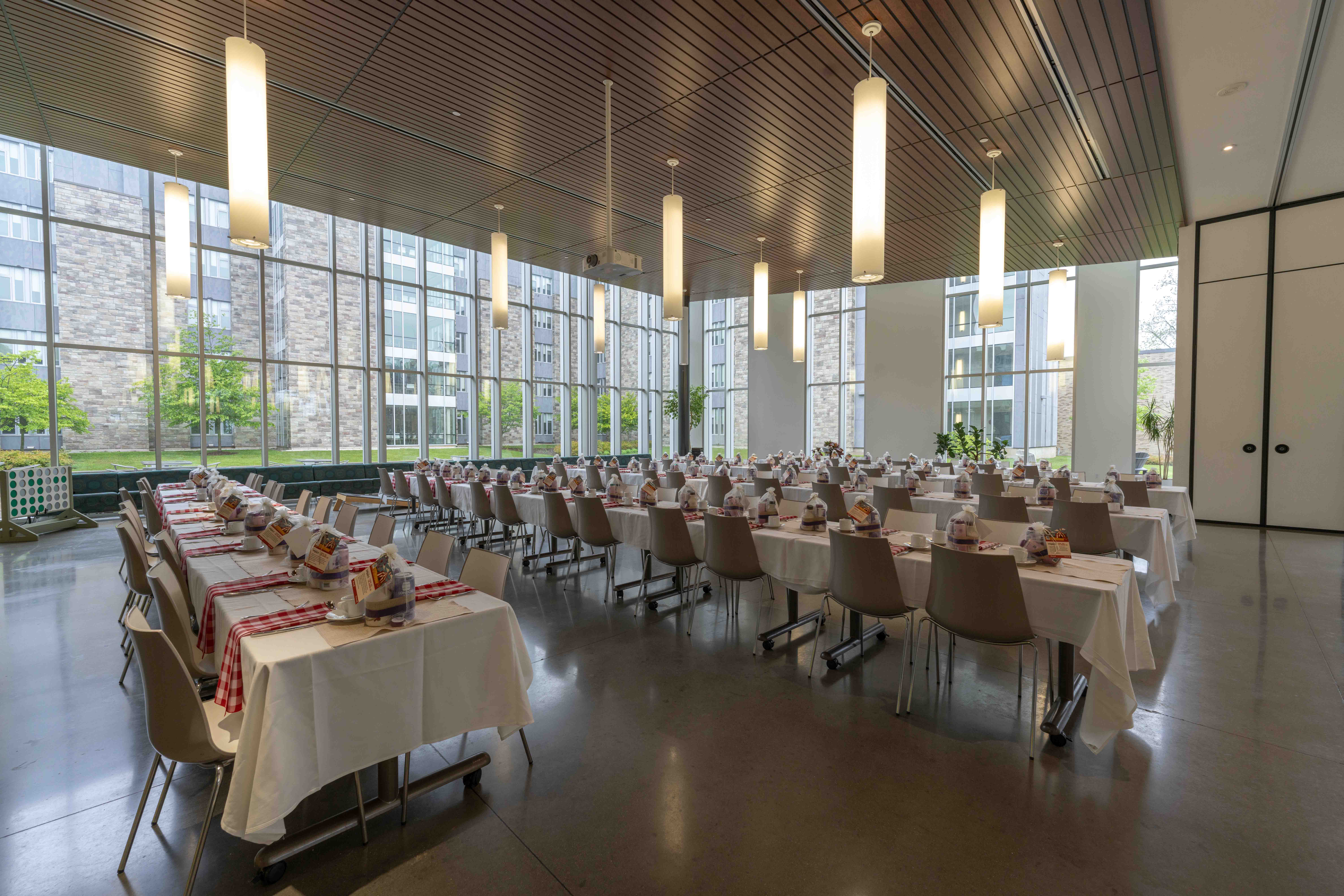Tables set up in a dining hall